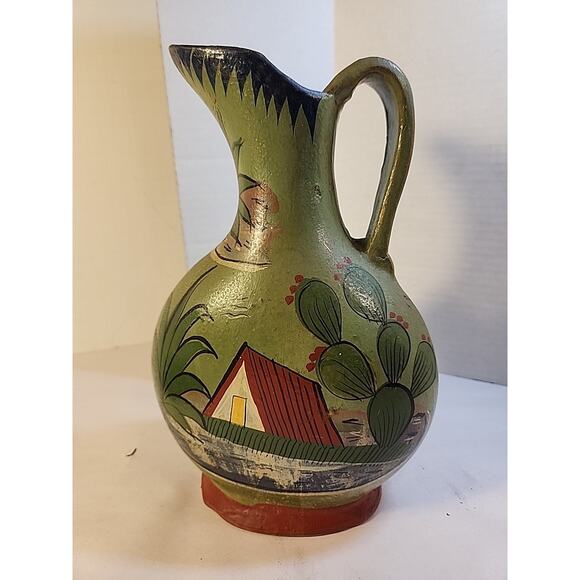 Vintage Terra-Cotta PITCHER Red Clay Hand Made & Painted Mexico Signed Folk Art - Picture 3 of 10